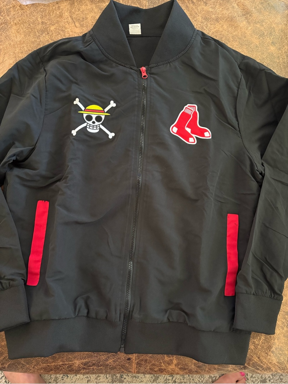 One Piece/Red Sox Black Bomber Jacket with Red Accents and Skull Patch-Unisex